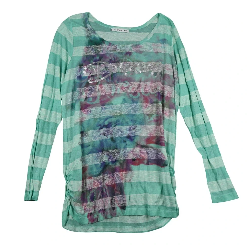 Y2K Vintage Stripe Long Sleeve Top Aqua Floral Print Metallic Dream Women Size 0